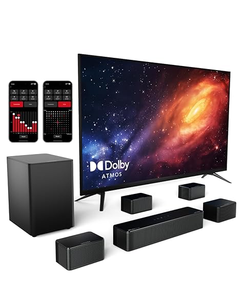 ULTIMEA 7.1ch Barra de Sonido con Dolby Atmos, 3D Sonido Envolvente, Control por App, Barra Sonido TV con Subwoofer Inalámbrico y 4 Altavoces con Cable, 460W, Bluetooth 5.3, 6 Modos EQ, Poseidon D80